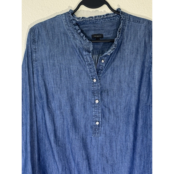 Talbots Womens L Denim Chambray Top Ruffle Neck Henley Blouse Long Sleeve - Picture 2 of 8